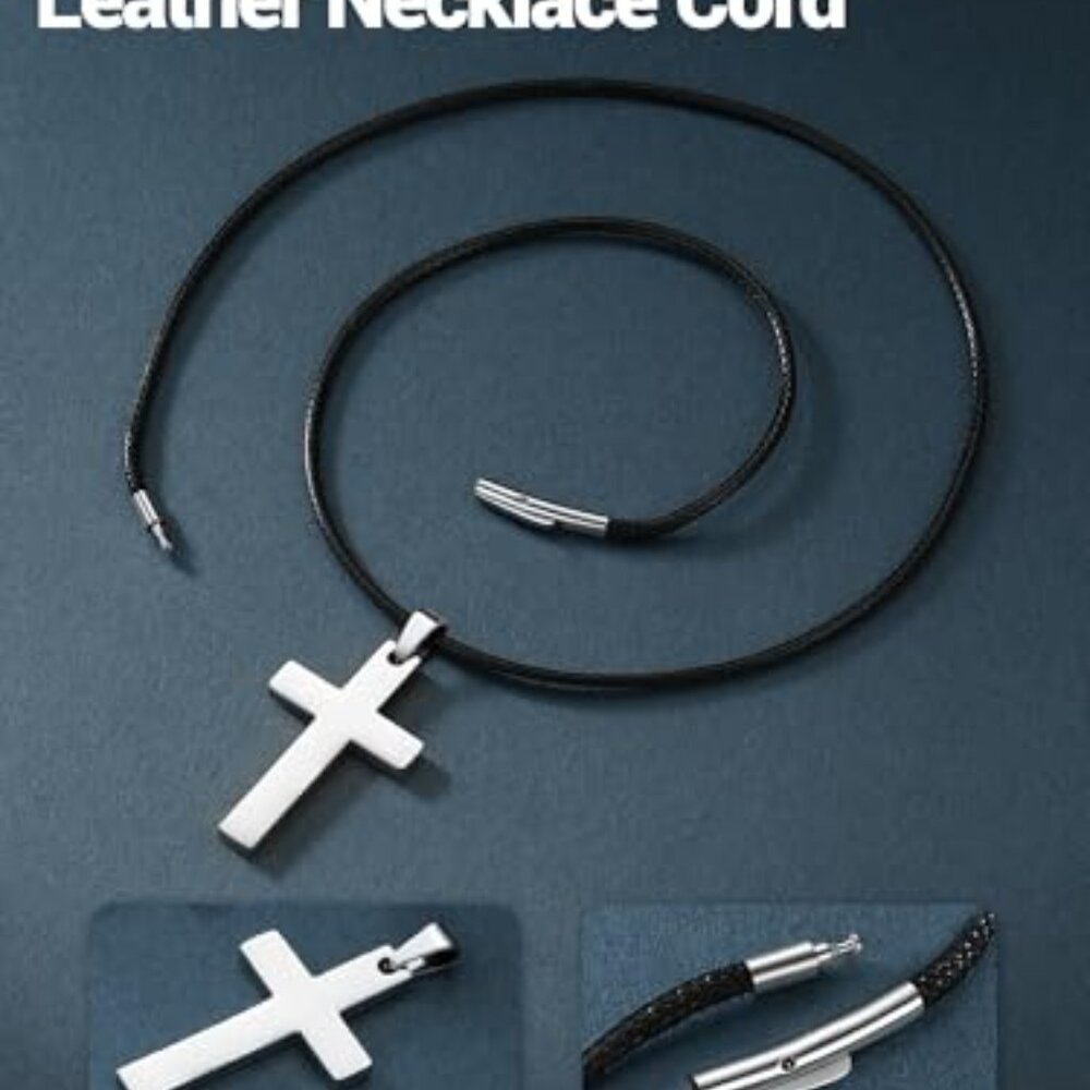 Stainless Steel Pendant Necklace with Leather Cord, 22 Inch - Picture 5 of 8
